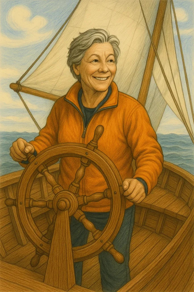 ki-generierte Grafik ältere Frau steuert ein Segelboot. Prompts: sgo